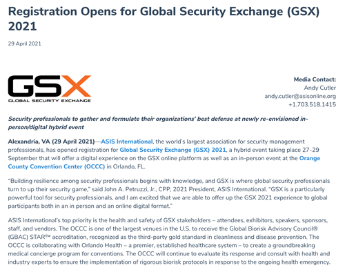 Registration Opens for Global Security Exchange (GSX) 2021